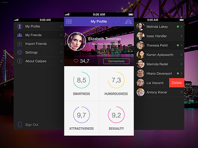 "Calipso" app application dark graph ios iphone menu night purple rating ui