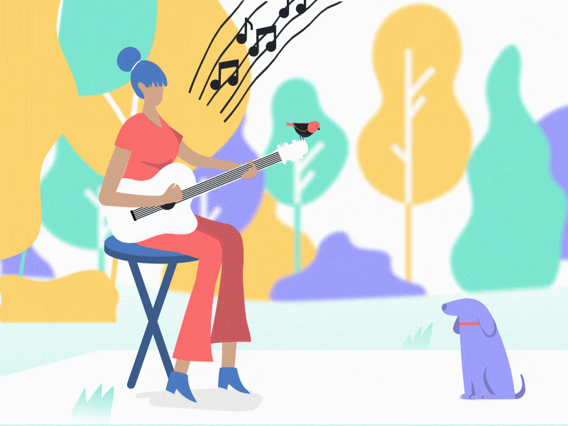 Gemma playing for her dog 🎵🎵🎵 acoustic acoustic guitar aftereffects animation concert dog flat design forest girl guitar guitar player guitarist illustration illustrator instrument musician nature park tree woman