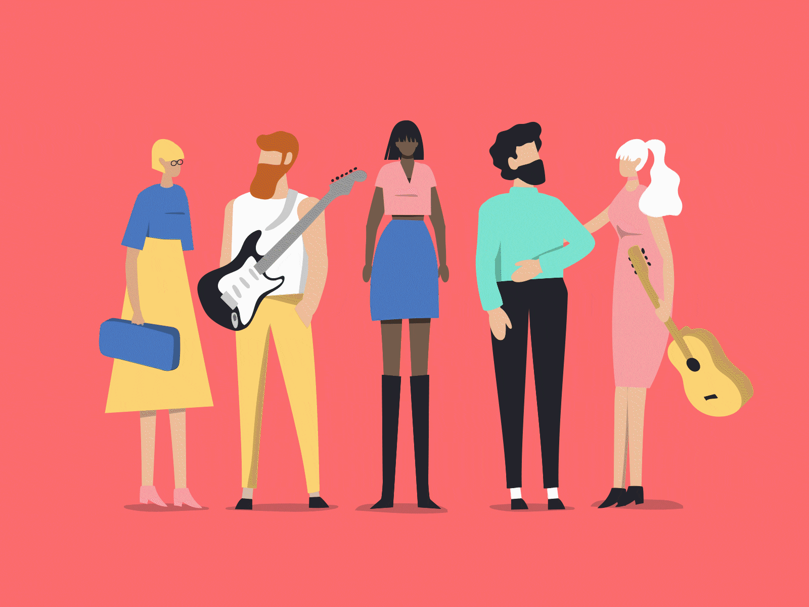 Musicians 2d animation band boy character character animation character design concert flat design girl guitarist illustration man music musician show spectacle staff vector woman