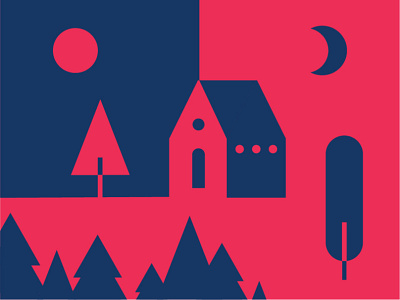 Day & Night blue day flatdesign forest geometry home house illustration illustrator moon nature night pink red sky sun tree twocolored woodhouse