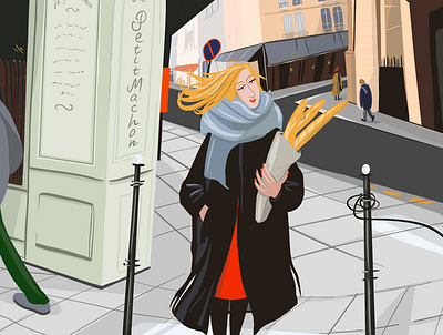 Parisians in the city 2d illustration baguette book illustration character design design digital art france illustration magazine illustration paris parisian streets postcard poster design procreate