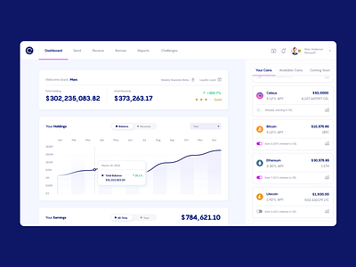 Celsius Web App Dashboard app bitcoin chart crypto crypto wallet cryptocurrency dashboard design finance financial fintech graph grid product design typography ui ux web website