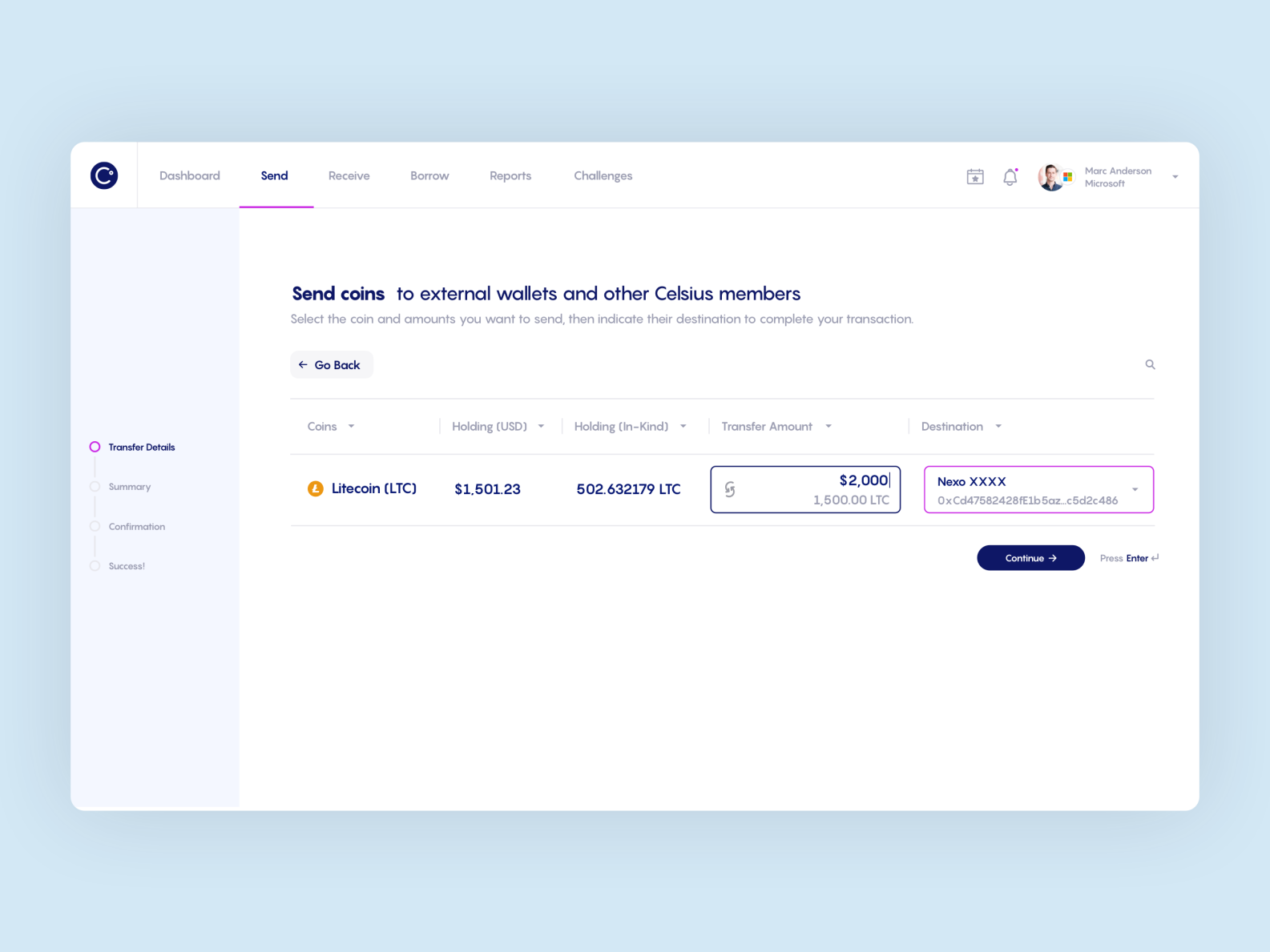 Sending Cryptocurrency with The Celsius Web App by Rainfall on Dribbble