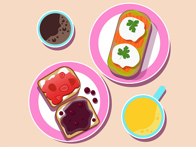 Breakfast breakfast coffee illustrator juice meal poached egg salmon toast with jam vector