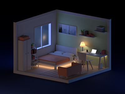 Room - night 3d 3d art house illustraion light lowpoly mini night room