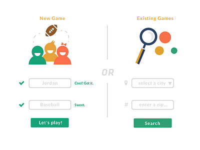 Create New Game / Join Existing Game buttons colorful flat form games search sports team sports ui web