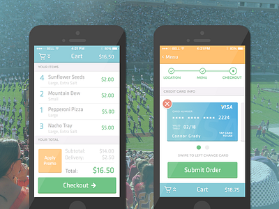 Cart + Payment Screen flat icons menu stadiumrunner ui ux