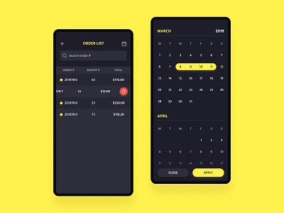 Order List with Calendar l 16 · 365 app black calendar calendar ui clean dark app dark theme dark ui design filter fresh minimal mobile app order order list typo ui ux vector yellow