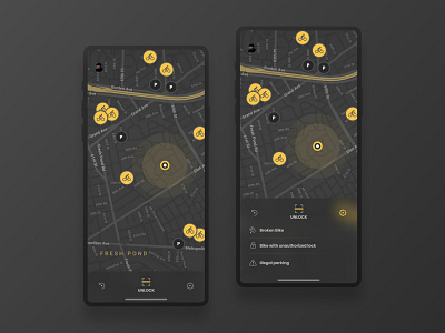 Bike Sharing l 23 · 365 android app bike bike ride clean dark dark theme dark ui icons ios map maps minimal mobile app navigation sharing bike simple ui ui trends ux