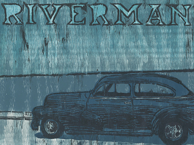 Riverman Poster car illustration monoprint music poster printmaking relief printing typography