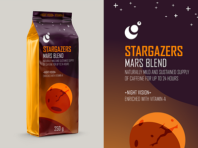 STARGAZERS MARS BLEND astronaut astronomy caffeinated caffeine challenge coffee design illustrations layout mars nasa package design space stargazing starry night stars telescope universe vitamin warmup