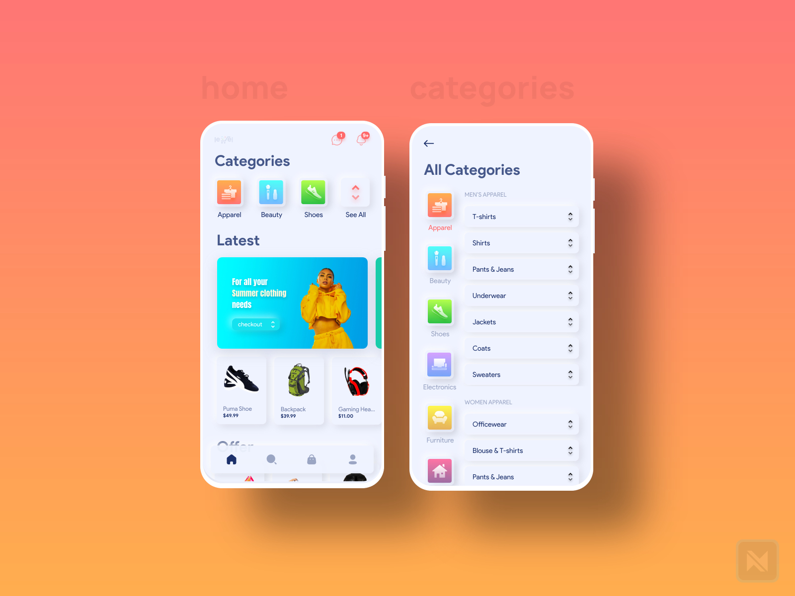 Home and Categories UI/UX design for App Shot 2 by Ngima