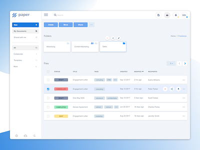 Paper app - Documents view contracts crm dashboard design inbox legal smart contracts store ui web workflow