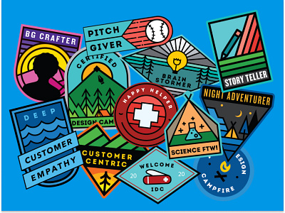 Design for Delight (D4D) sticker badges camp camp badges campfire design illustration intuit stickers summer camp summer camp badges vinyl stickers