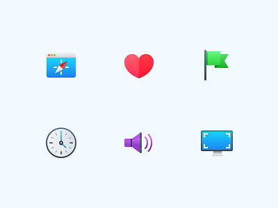 Semi-Flat Feature Icons browser clock display flag heart icons screen speaker website