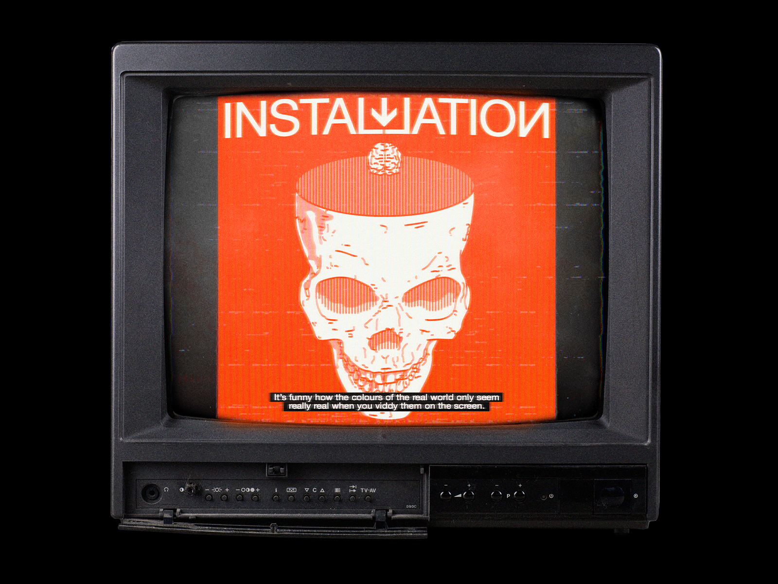 INSTAL⅃ATIOͶ a clockwork orange brainwash brutalism design graphic illustration install line lobotomy minimal mockup red skull tv type typography