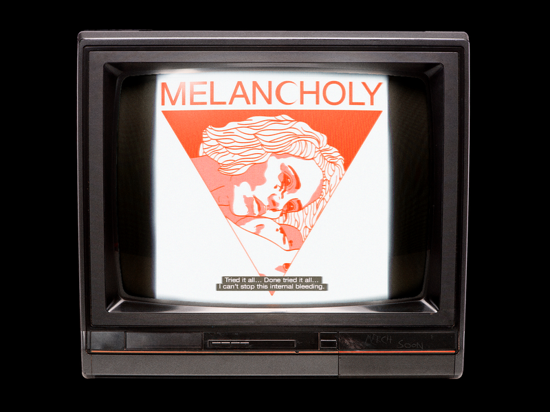 MELAN☾HOLY brutalism design graphic illustration line melancholy minimal mockup portrait red sad screen tv type typography