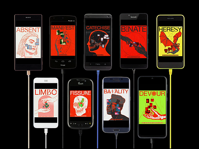 All screens of the ‘inside my head are thoughts’ collection ae brutalism design device graphic illustration line minimal mobile mockup motion phone red retro screen type typography