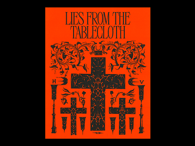 𝐋𝐈𝐄𝐒 𝐅𝐑𝐎𝐌 𝐓𝐇𝐄 𝐓𝐀𝐁𝐋𝐄𝐂𝐋𝐎𝐓𝐇 bred christian cross crucifix design graphic illustration jesus lies minimal poster red type typography vintage