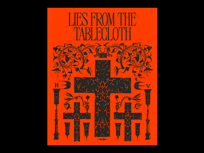 𝐋𝐈𝐄𝐒 𝐅𝐑𝐎𝐌 𝐓𝐇𝐄 𝐓𝐀𝐁𝐋𝐄𝐂𝐋𝐎𝐓𝐇 bred christian cross crucifix design graphic illustration jesus lies minimal poster red type typography vintage