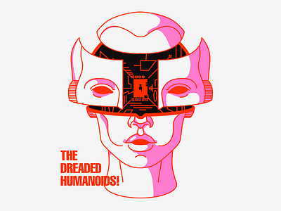 tHE dREADED hUMANOIDS! android classic design graphic harryvector illustration line minimal pink red robot sci fi type typography westworld