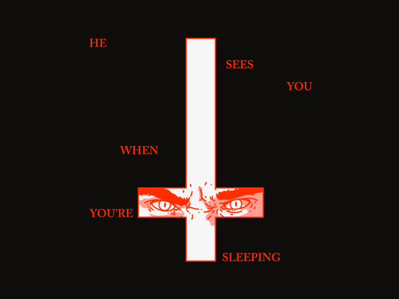 He sees you when you're sleeping christmas creepy cross design eyes graphic harryvector illustration line minimal occult red type typography