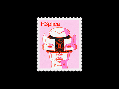 R3plica android brutalism cyber graphic illustration mail mock up pink red robot stamp typography