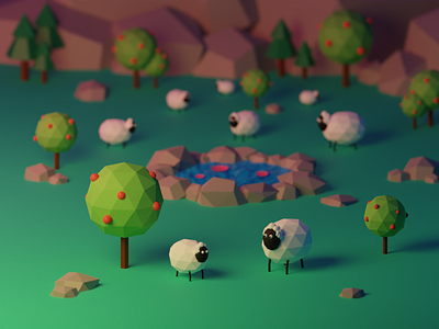 Sheep Land 3d 3dart 3drender apple b3d blender blendercommunity blendercycles cycles farm isometric lake lowpoly mountain nature render rock sheep tree