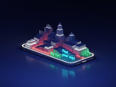 Night City Map 3d apartment blender building cycles dark directions futuristic iphone isometric lowpoly map mobile neon night phone route tree ui way