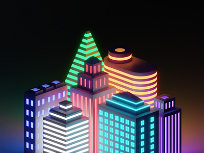 Skyscrapers at Night 3d 3d art 3dillustration apartment b3d blender building cycles cyclesrender dark darkmode emission isomteric light lowpoly neon neon light night render skyscraper