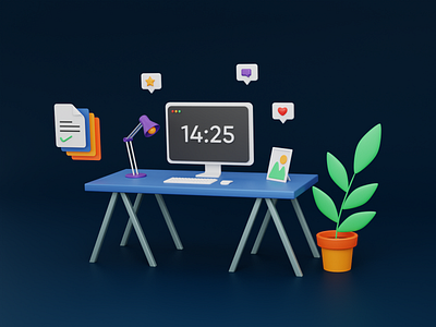 The Blue Desk (Dark Bkg) 3d 3dart b3d blender cycles dark desk desktop illustration imac lowpoly pc plant pot table task work workspace