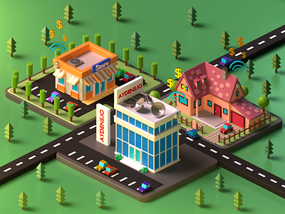 Helium City 3d b3d blender car city clean company crypto cycles green helium house illustration isometric miner network render smart store tree