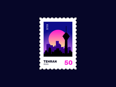 Tehran Twilight Stamp 50 adobe colorful earth flat gradient illustraion illustrator iran iranian mail persian post silhouette simple stamp travel twilight typography