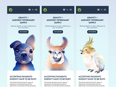 Gravity Payments mobile screens bird cockatiel design dog graphic gravity illustration llama mobile payments puppy ui veterinary visual