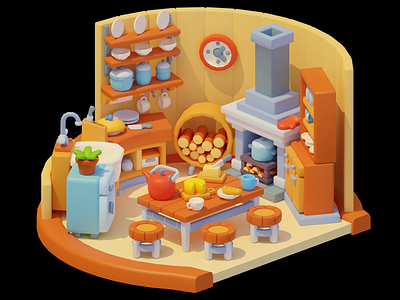 Country House Kitchen 3d 3d animation animation cinema4d cute gameart gamedev illustration isometric kitchen room tea