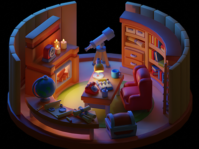 Country House Attic 3d 3d animation animation art attic b3d blender book c4d chair cinema4d cute cycles fireplace gameart gamedev illustration isometric lowpoly room