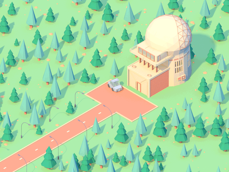 Something big is comming... 3d animation birds cars debut forest gif isometric low poly observatory