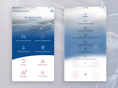 Home screen and menu for car insurance app app app design automobile car app home screen screen design sketch user interface