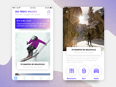 Les Trois Vallées app - Home & Detail screen app events gradient mountain purple resort ski skiing ui user interface ux