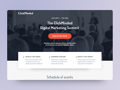 ClickMinded - Webinar registration page blue button color landing page register ui user interface web design webinar website