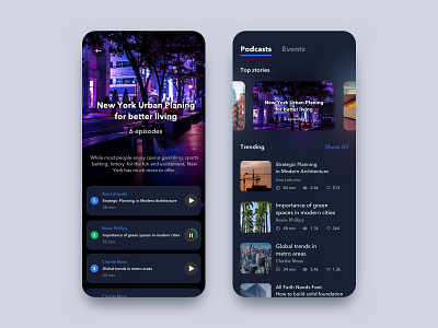 Podcasts Exploration app architecture blurred background dark events app iphonex minimal mobile neon colors night player podcast ui ux
