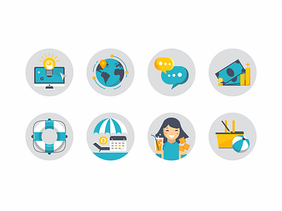 Employment benefits icon set app benefit caracter color data visualisation fun icon icons pack illustration symbol vector