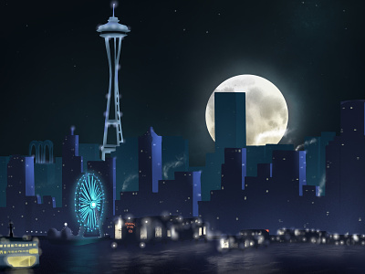 Sleepy City digitalart fullmoon illustration night procreate seattle skyline
