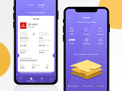 Flyhy - your flying companion airport app boarding pass booking flight floor plan mobile uiux purple ticket ui ux yellow