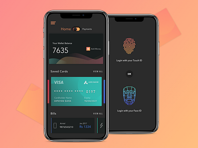 Digital Wallet and Payment Assistant bills credit debit digital face id iphonex mobile app money payment touch id user interface wallet