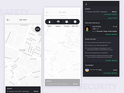Cab Ride - Safety & Security Feature (Concept) app booking cab concept dark design driver emergency imagination iphonex police ride rider rules safety security support ui uiux ux