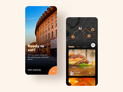 Restaurant searching APP card chinese food dark food food ordering hamburger icon interface ios iphone x iphone xs max map mobile orange search street ue ui ux