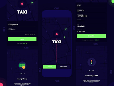 Taxi Login Signup Screen android app avatar dark car booking cab gasoline illustration intro material mobile taxi travel