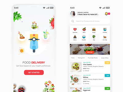 Food Delivery App Design UI application clean delivery deliveryapp design food and drink fooddelivery homescreen tutorialscreen ui userinterface