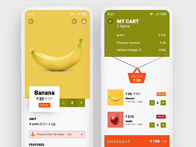 Grocery App Product Details and Cart Screen UI android cart clean design fruits grocery grocery online grocery store ios mockups productdetails products ui userinterfacedesign